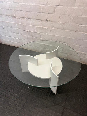 Round Glass Coffee Table with Designer White Base — Well Used Condition