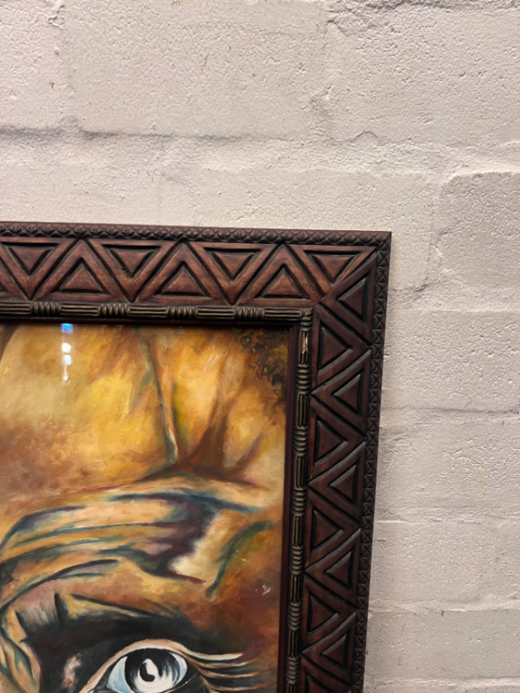 Large Carved Wooden Framed Portrait Artwork — Used; Fair Condition