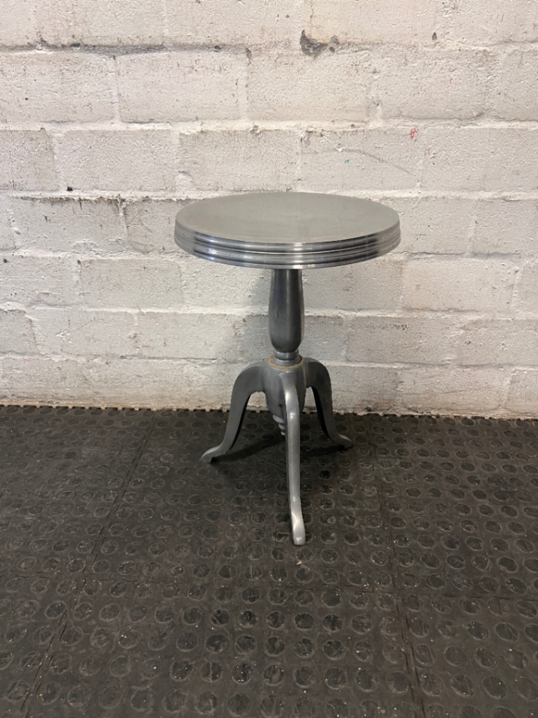Silver Pedestal Side Table with Triple Leg Base — Well Used with Visible Wear