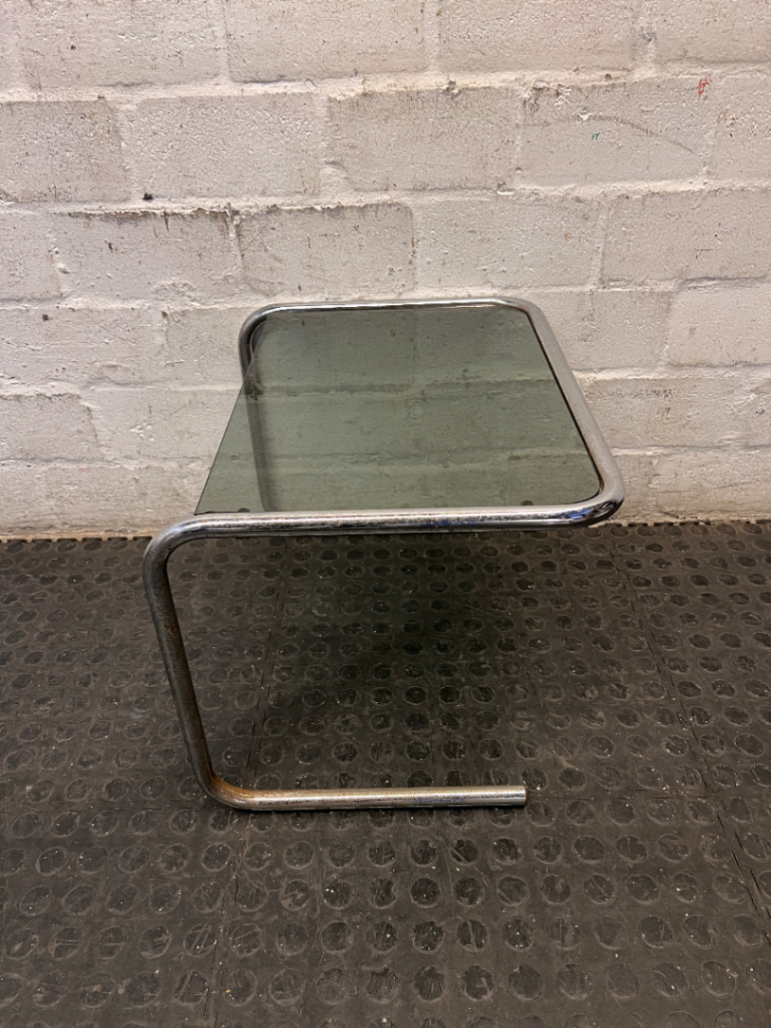 Glass Top Cantilever Side Table with Silver Frame — Well Used with Visible Wear