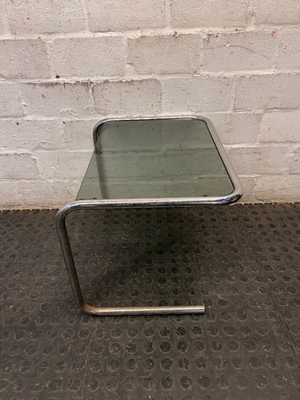 Glass Top Cantilever Side Table with Silver Frame — Well Used with Visible Wear