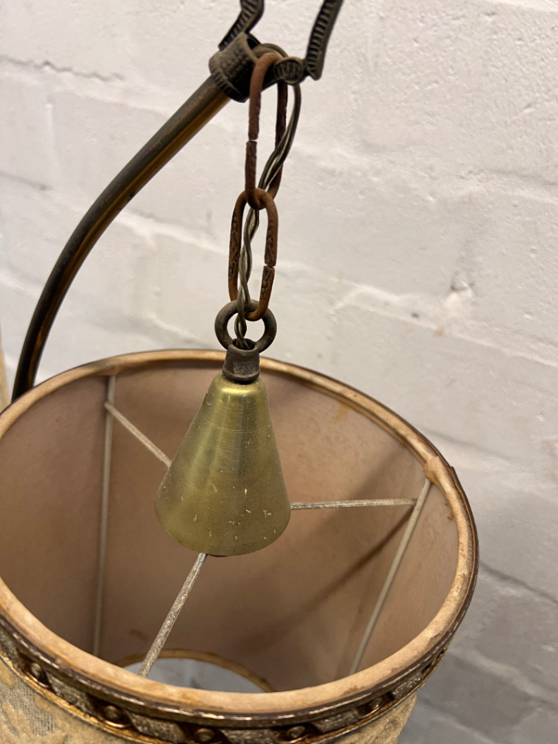 Vintage Double Arch Gold Floor Lamp with Patterned Shades — Well Used Condition