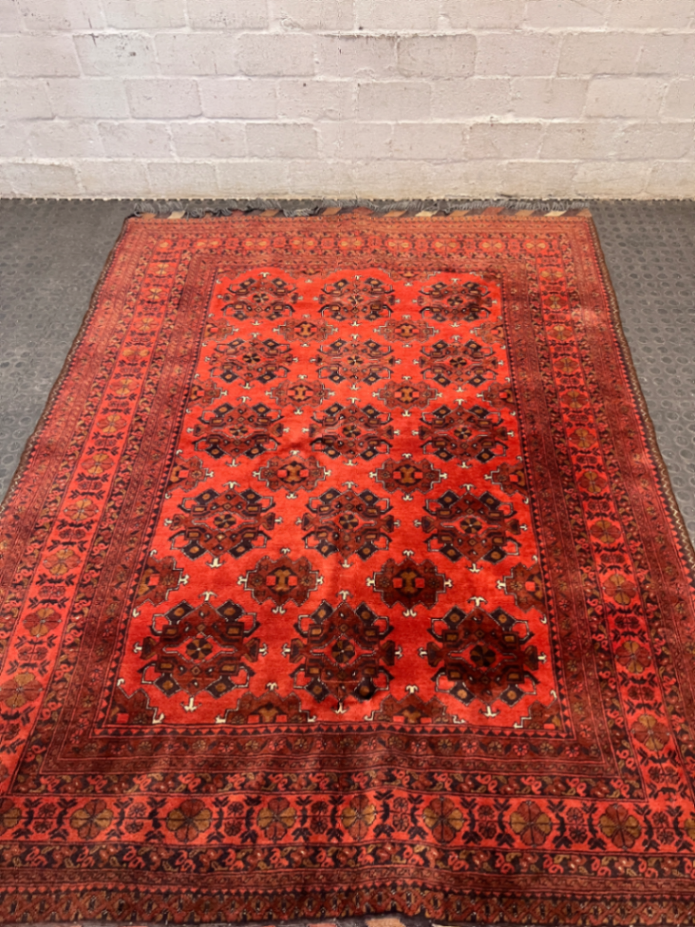 Intricate Red Persian Style Fringed Rug — Fair-Used Condition