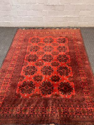 Intricate Red Persian Style Fringed Rug — Fair-Used Condition