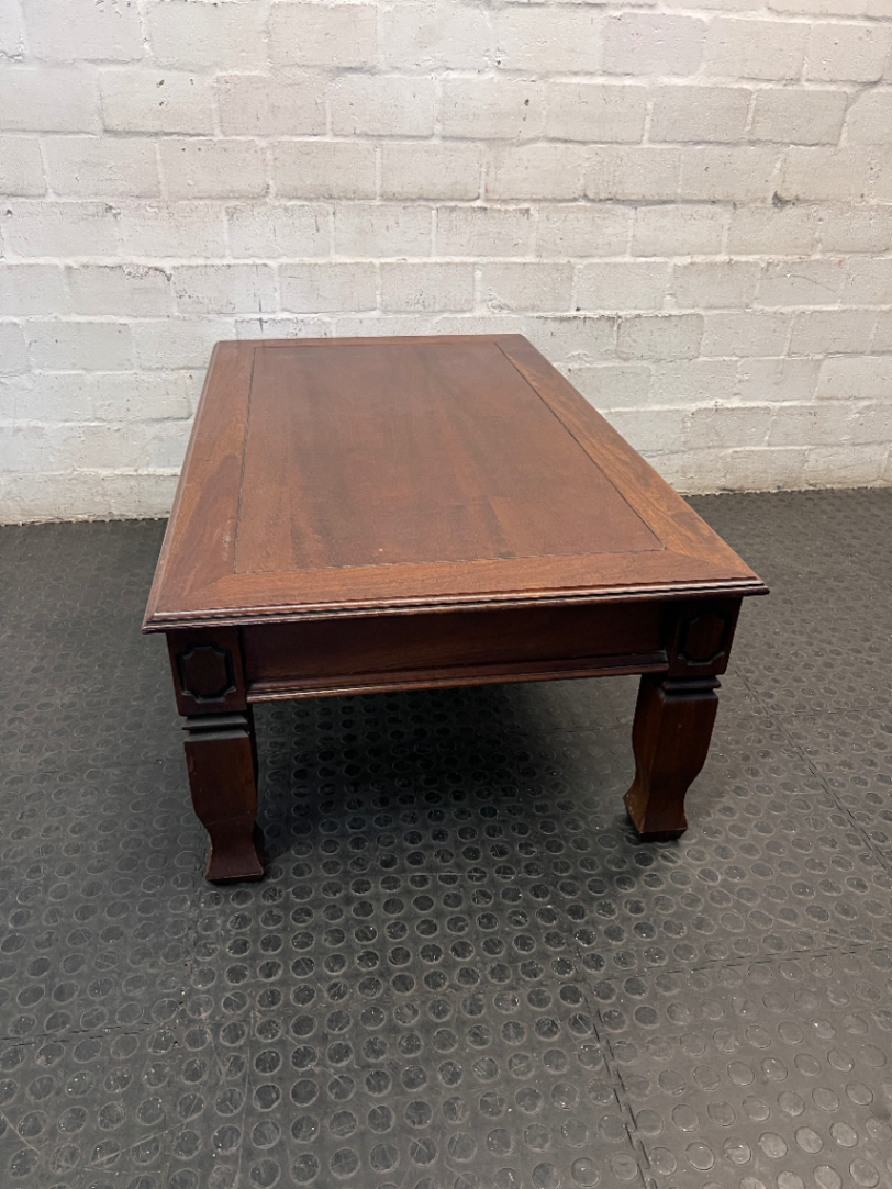 Classic Rectangular Wooden Coffee Table with Carved Legs — Fair Used Condition with Surface Wear