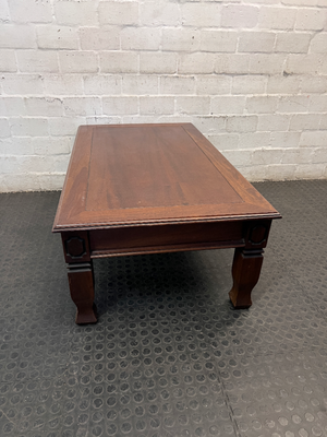 Classic Rectangular Wooden Coffee Table with Carved Legs — Fair Used Condition with Surface Wear