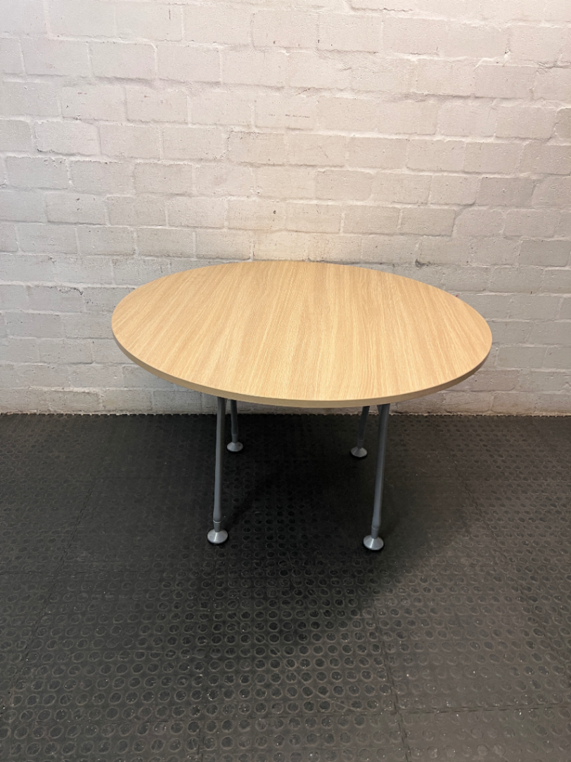 Round Oak-Toned Table with Modern Metal Base — Clean and Well-Maintained Condition