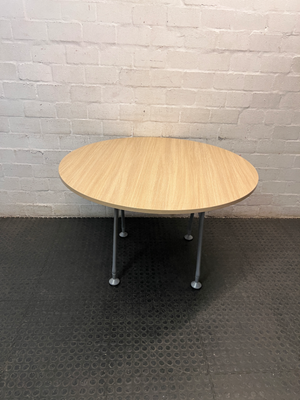 Round Oak-Toned Table with Modern Metal Base — Clean and Well-Maintained Condition