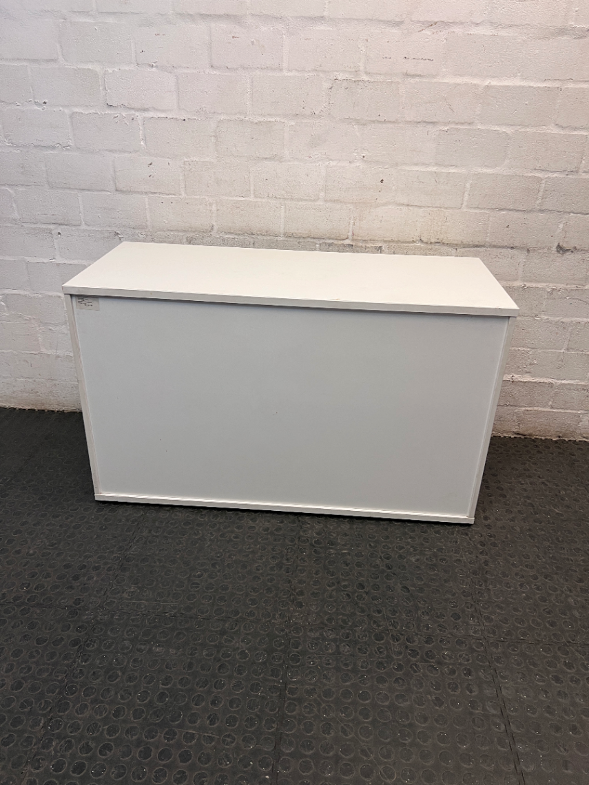 White and Silver Office Credenza with Roller Door — Good Working Order