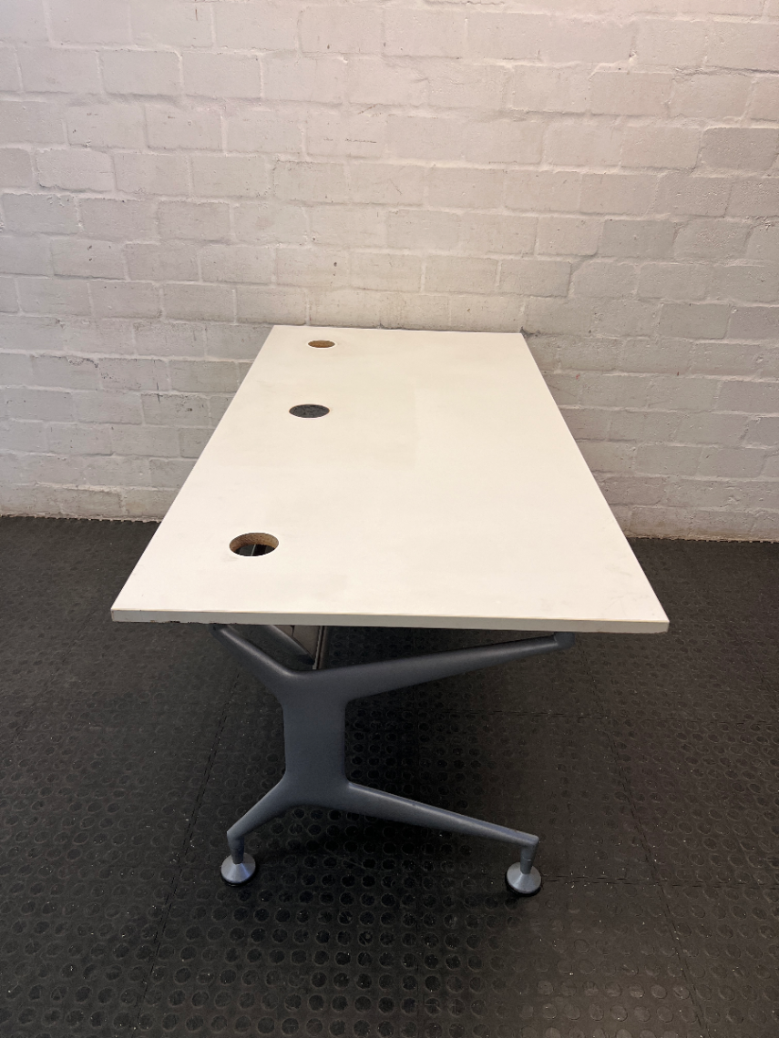 Modern White Office Desk with Grey Metal Base — Good Working Order