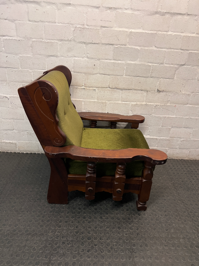 Vintage Wooden Armchair with Olive Green Upholstery