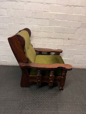 Vintage Wooden Armchair with Olive Green Upholstery