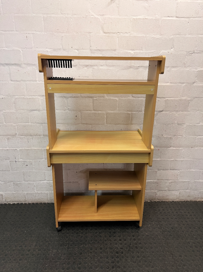 Light Oak Wood Computer Desk with Pull-Out Tray and Hutch — Minor Wear