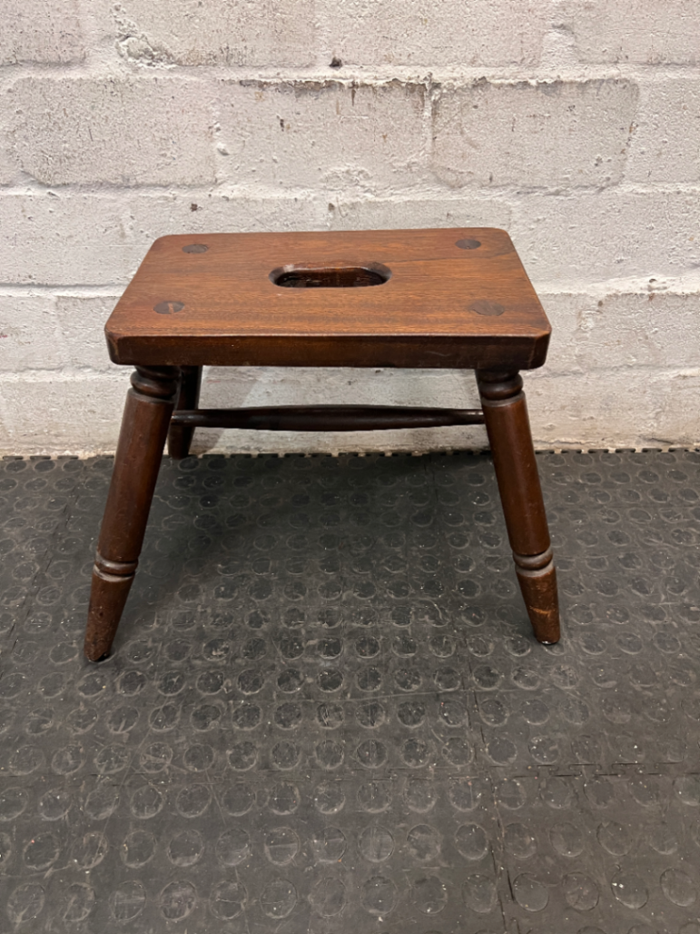 Dark Wood Low Stool with Carry Handle — Minor Surface Wear and Leg Scuffing