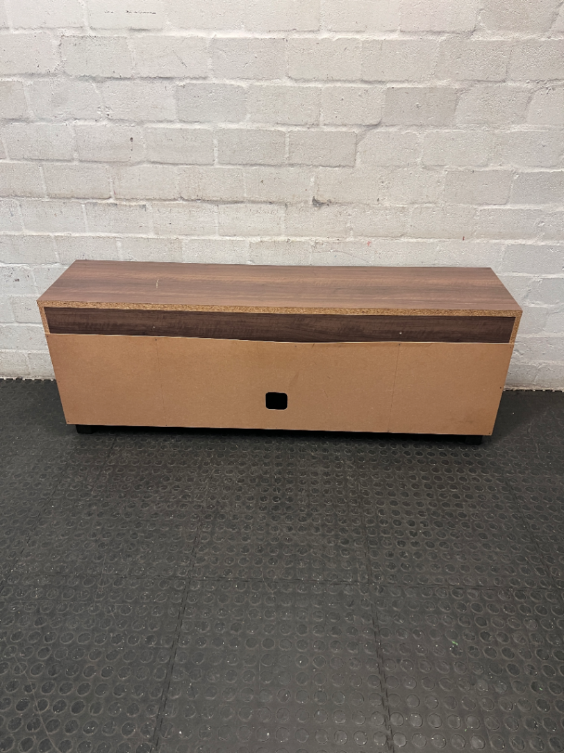 Dark Wood-Look TV Unit with Two Side Cupboards — Fair Condition with Visible Wear