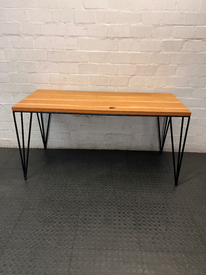 Rustic Wooden Office Desk with Black Hairpin Legs — Used; Fair Condition