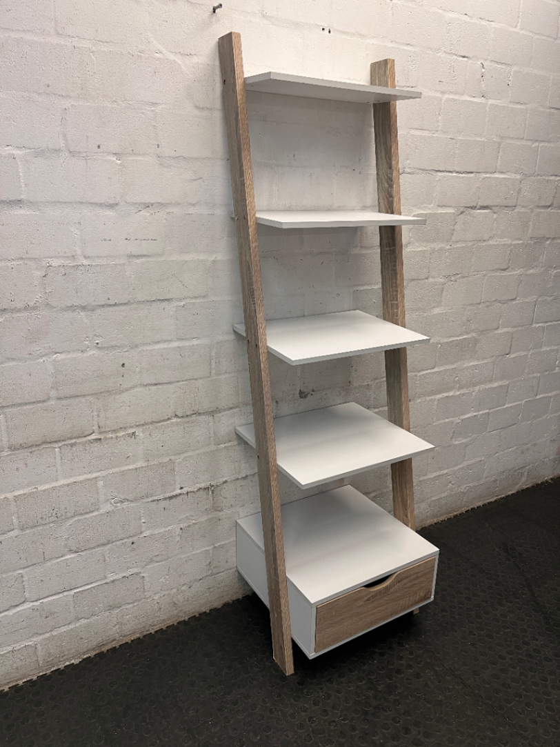 White and Light Wood Ladder Bookshelf with Drawer — General Wear and Maintenance