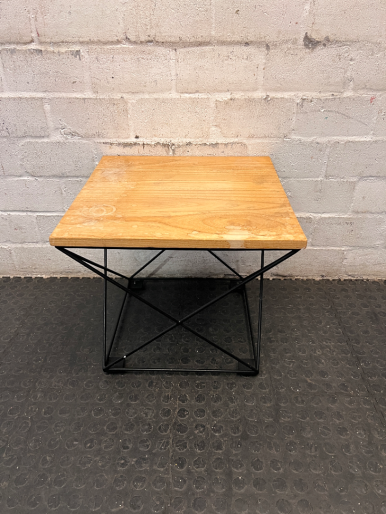Industrial Style Square Side Table with Geometric Metal Base — Used; Fair Condition