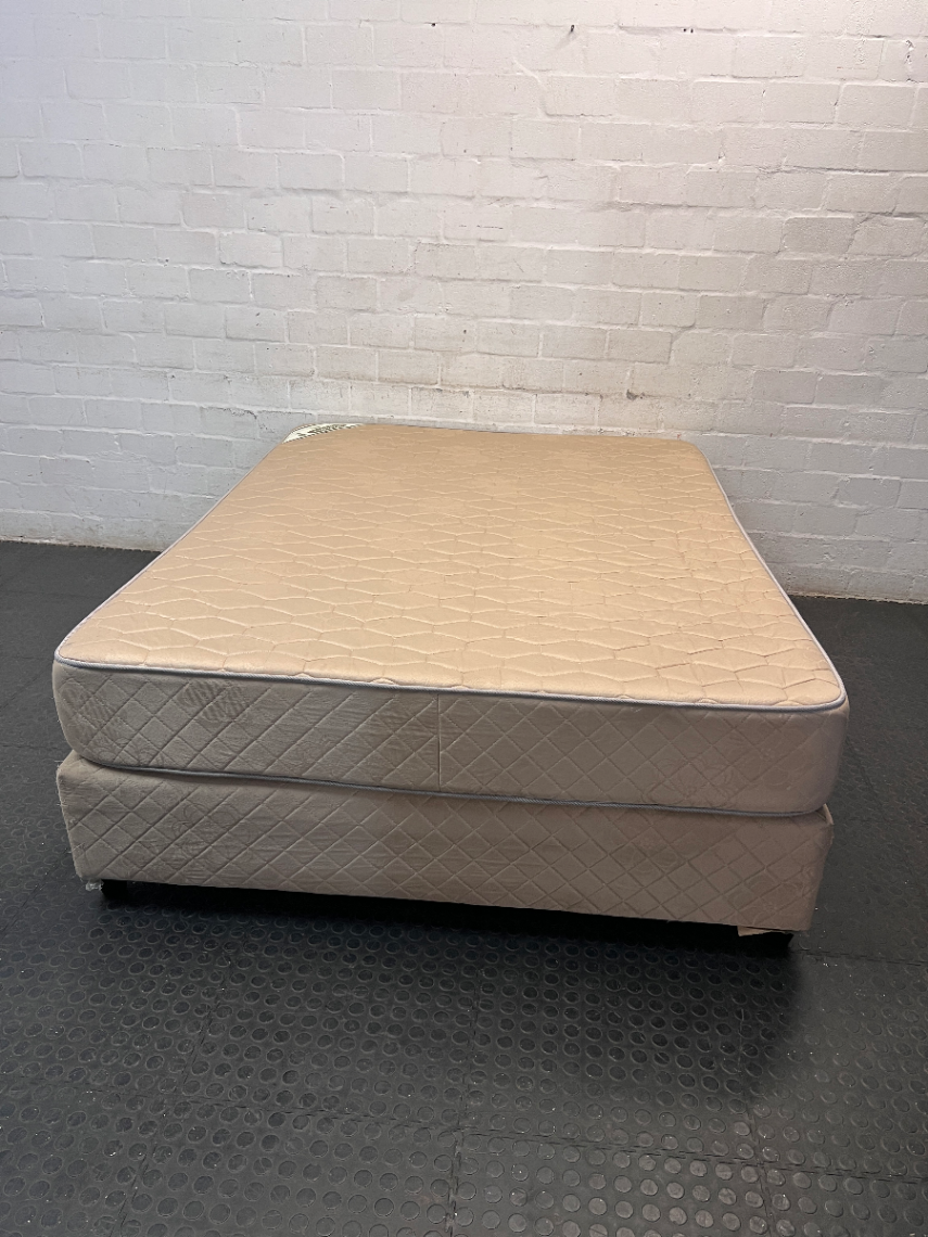 Extra Length Queen Mattress and Base Set in Beige — Fair Condition with Visible Wear