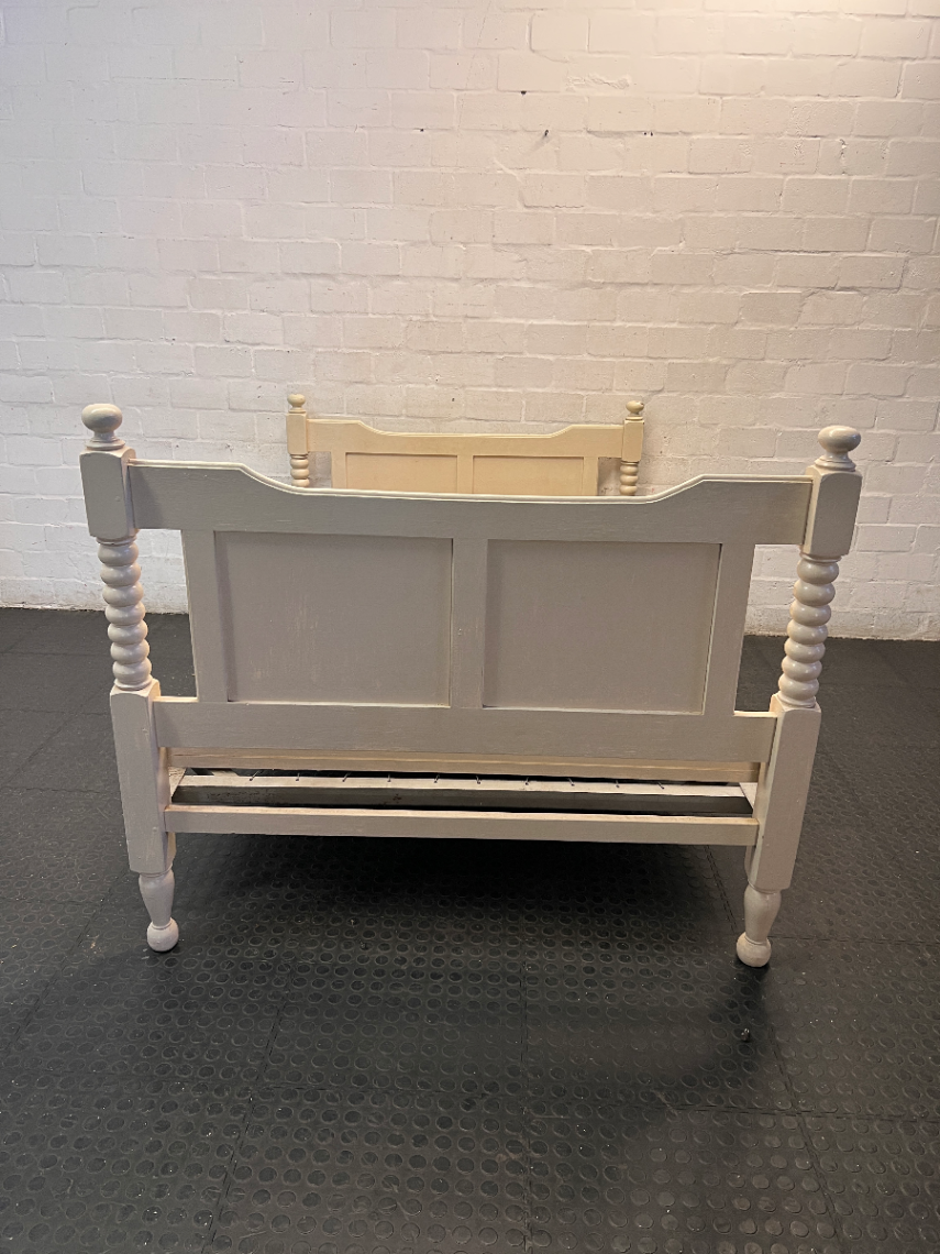 Vintage Style Cream Double Bed Frame with Spindle Posts — Fair Condition with Aged Finish and Base Patina