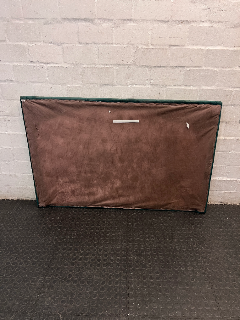 Button-Tufted Green Fabric Double Headboard — Damaged Structure and Broken Legs