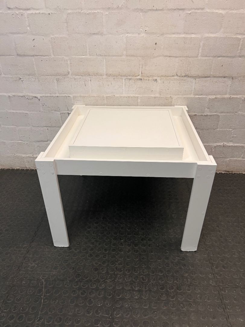 White Painted Wooden Kids Activity Table — Missing Screw Covers with Exposed Nail Heads