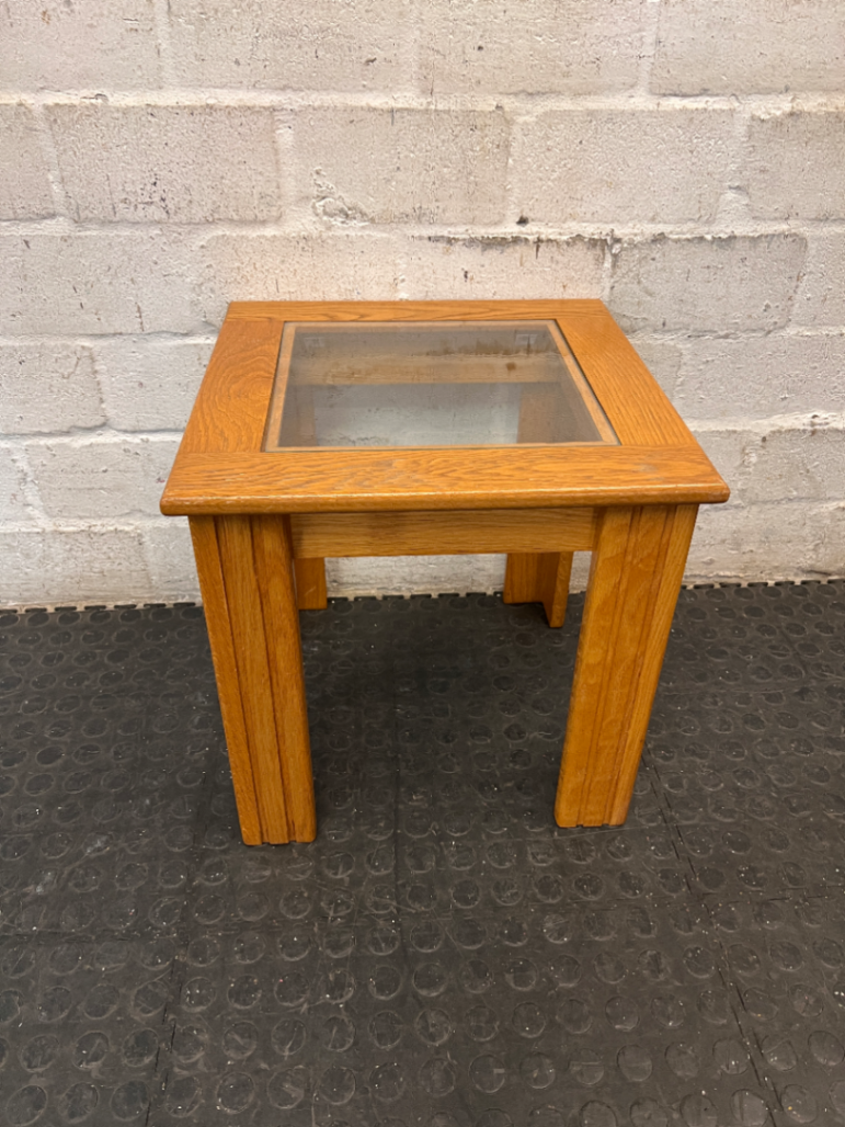 Oak-Toned Side Table with Inset Glass Top — Very Good Condition
