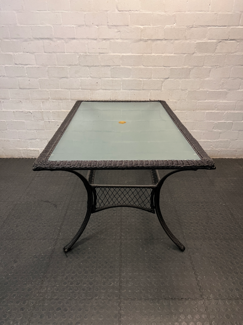 Wicker and Glass Rectangular Dining Table — Very Good Condition