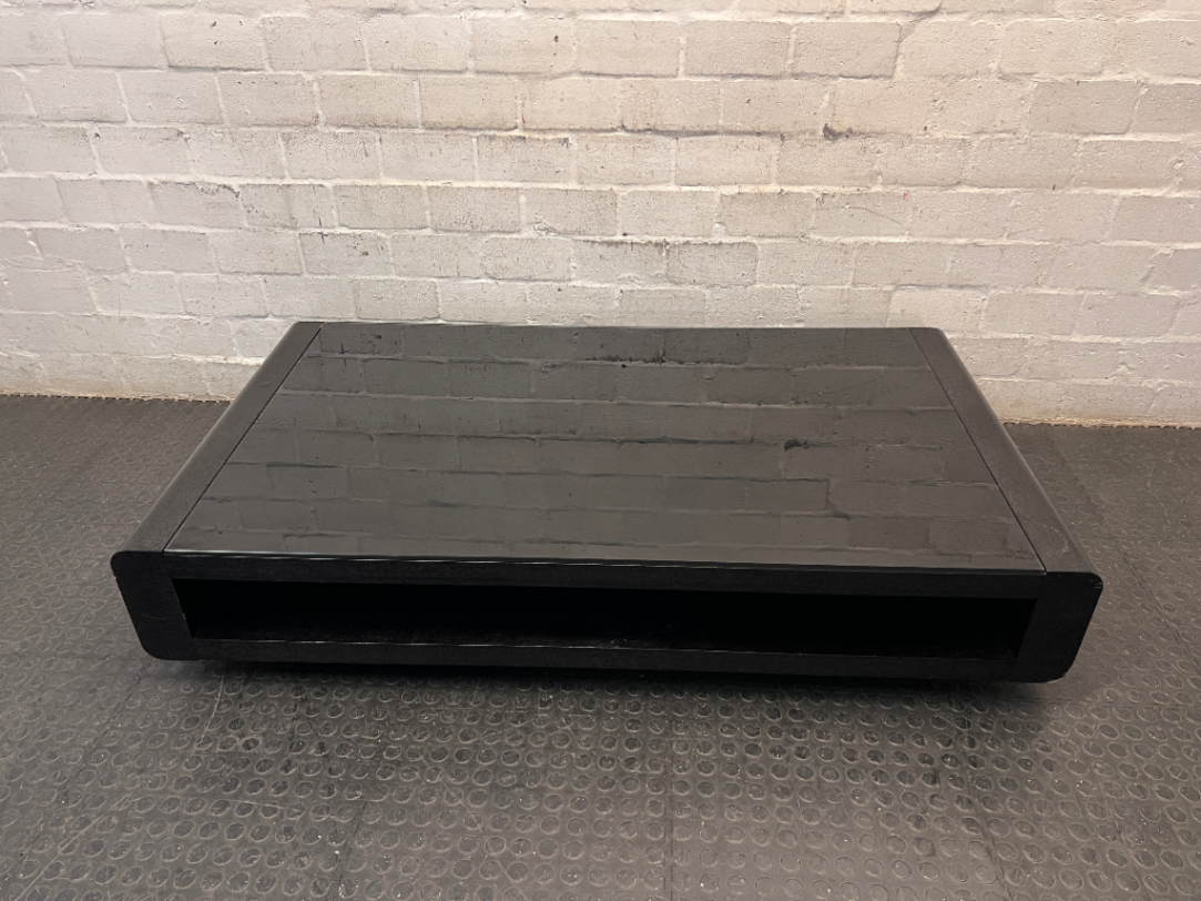 Black Low-Profile Coffee Table with Glass Top — Good Working Order