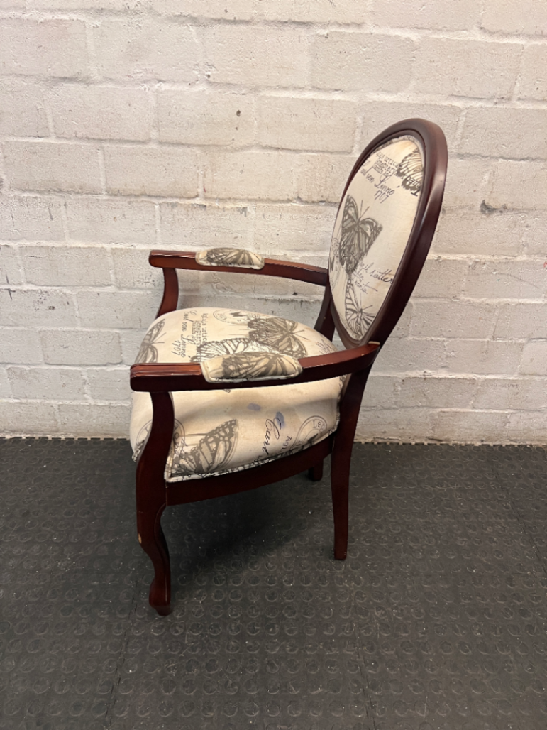 Vintage Style Butterfly Print Upholstered Armchair — Structural Damage and Wear