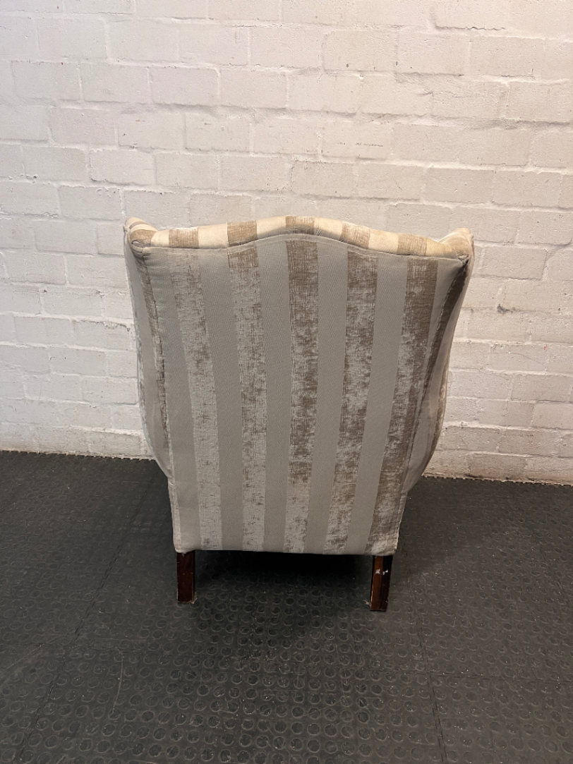 Striped Fabric Beige Wingback Chair — Good Condition