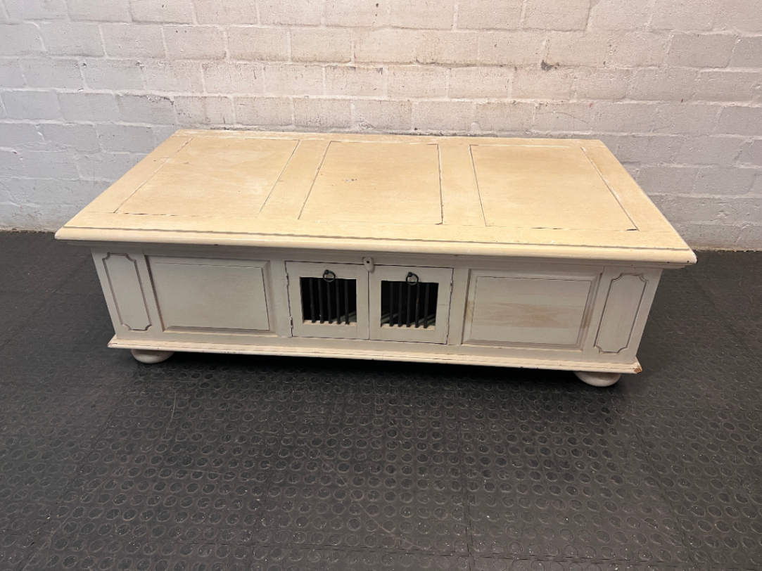 Cream Panelled Wood Coffee Table with Bun Feet — Visible Wear and Paint Chipping