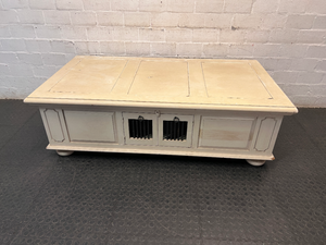 Cream Panelled Wood Coffee Table with Bun Feet — Visible Wear and Paint Chipping