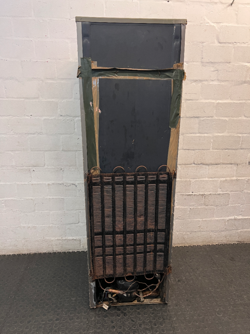 KIC Grey Upright Fridge-Freezer — Working Order With Visible Dents and Marks