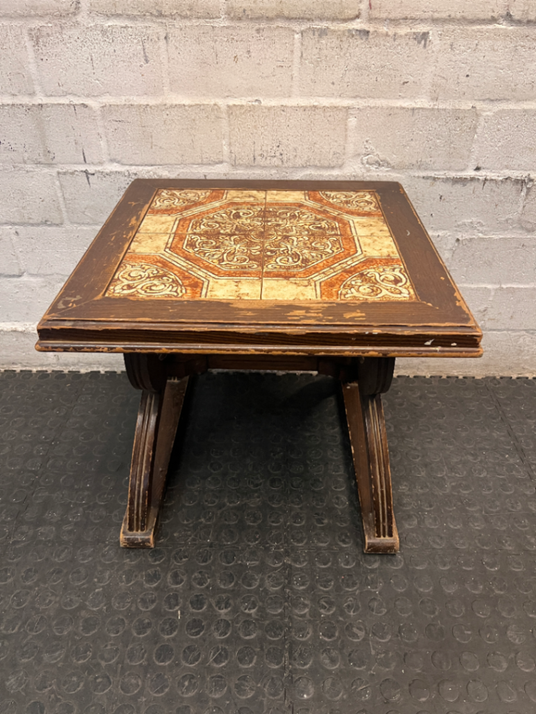 Vintage-Style Tiled Top Wooden Side Table — Significant Surface Wear and Scuffing