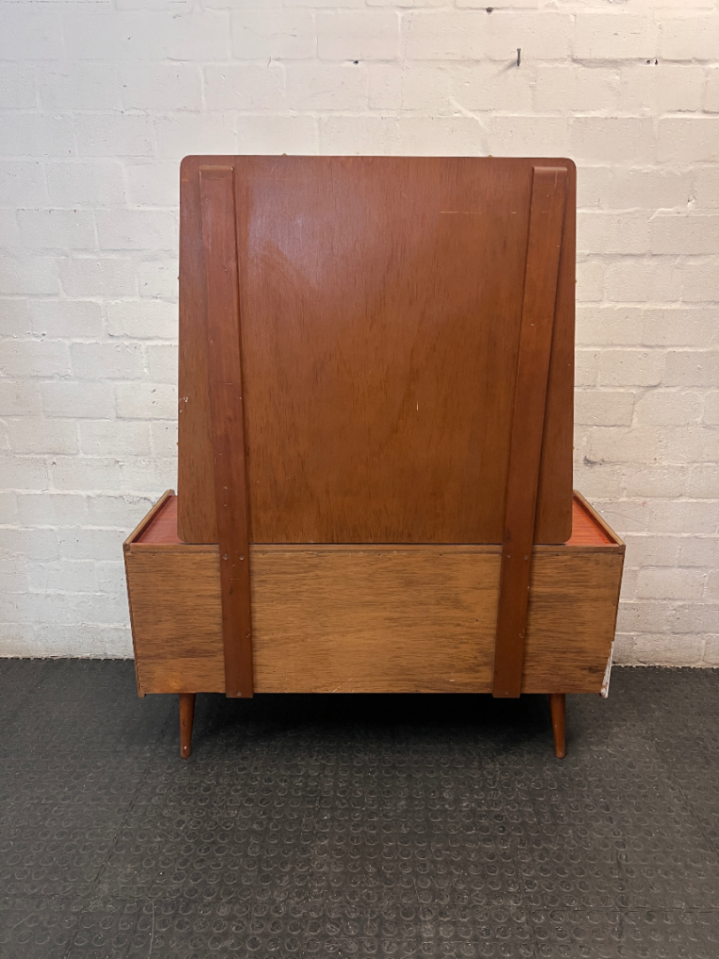 Mid-Century Style Wooden Dressing Table with Large Mirror — Worn Condition Throughout