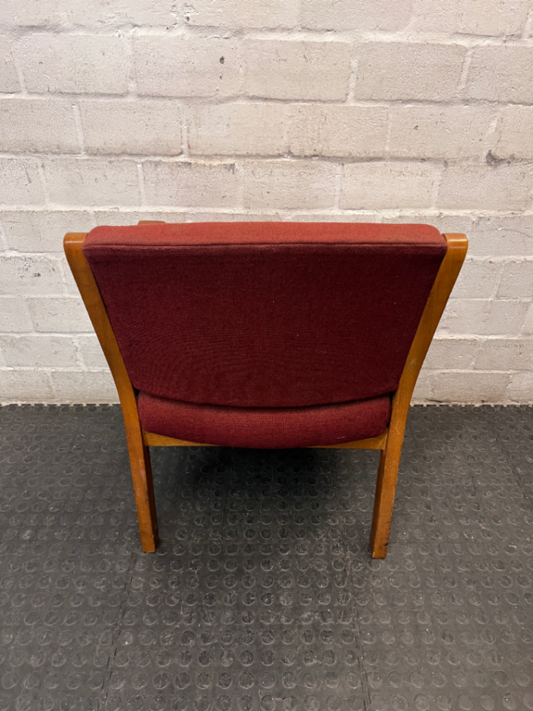 Red Fabric and Wood Office Chair — Well Used with Visible Wear and Scuffs