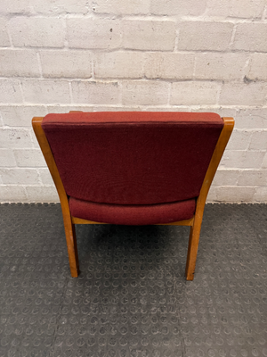 Red Fabric and Wood Office Chair — Well Used with Visible Wear and Scuffs