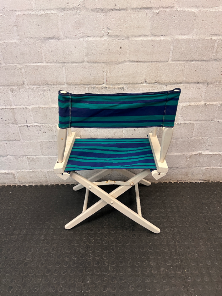 Striped Wooden Folding Director Chair — Worn Condition with Structural Use Wear