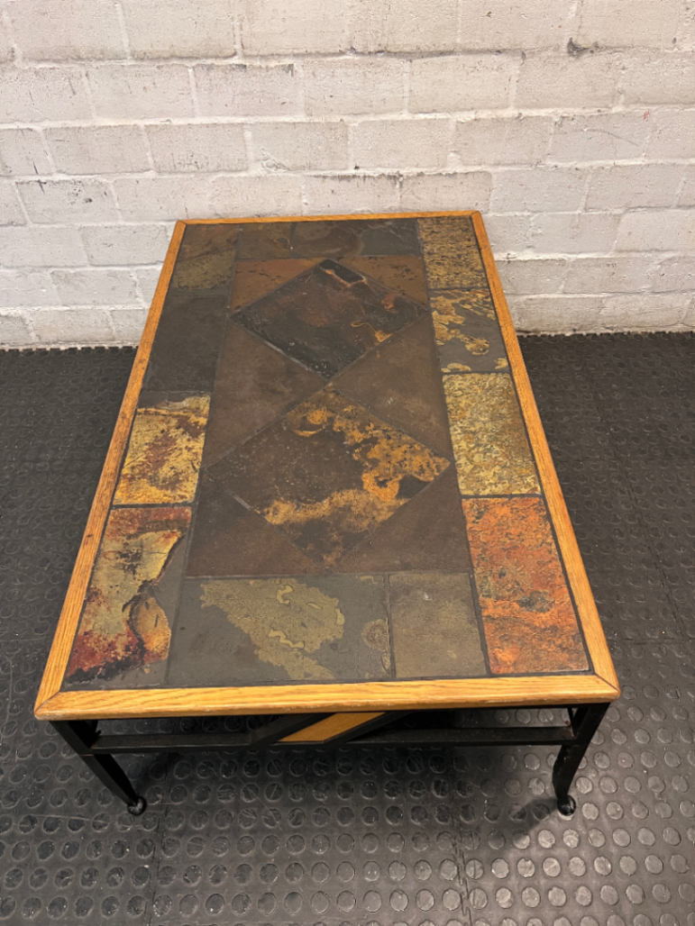 Slate Inlay and Wrought Iron Coffee Table — Fair Used Condition