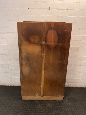 Vintage Dark Wood Two-Door Cupboard — Vintage Condition with Surface Wear and Stickers