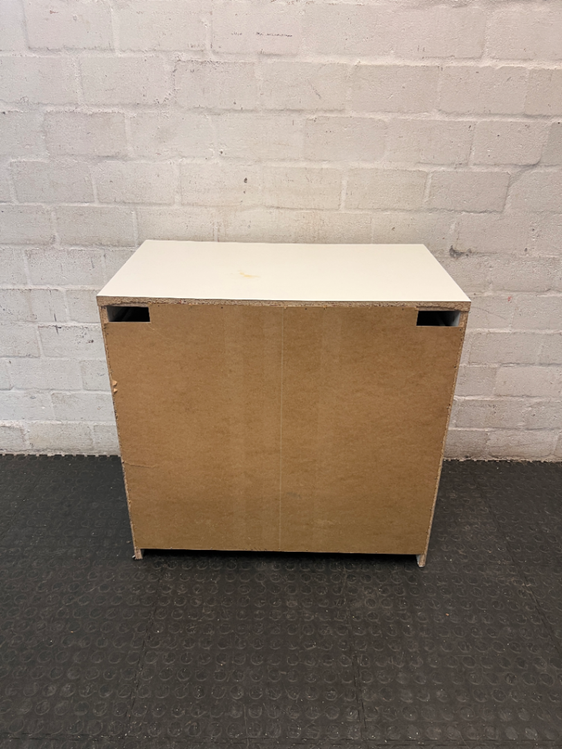 White Modern 3-Drawer Chest — Fair Condition with Surface Marks and Kickplate Crack