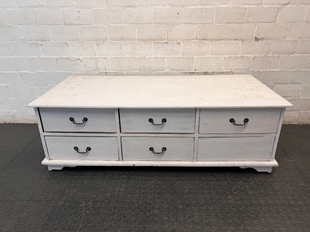 White Wooden Coffee Table with Through-Drawers — Surface Scratches and Missing Handle