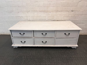 White Wooden Coffee Table with Through-Drawers — Surface Scratches and Missing Handle