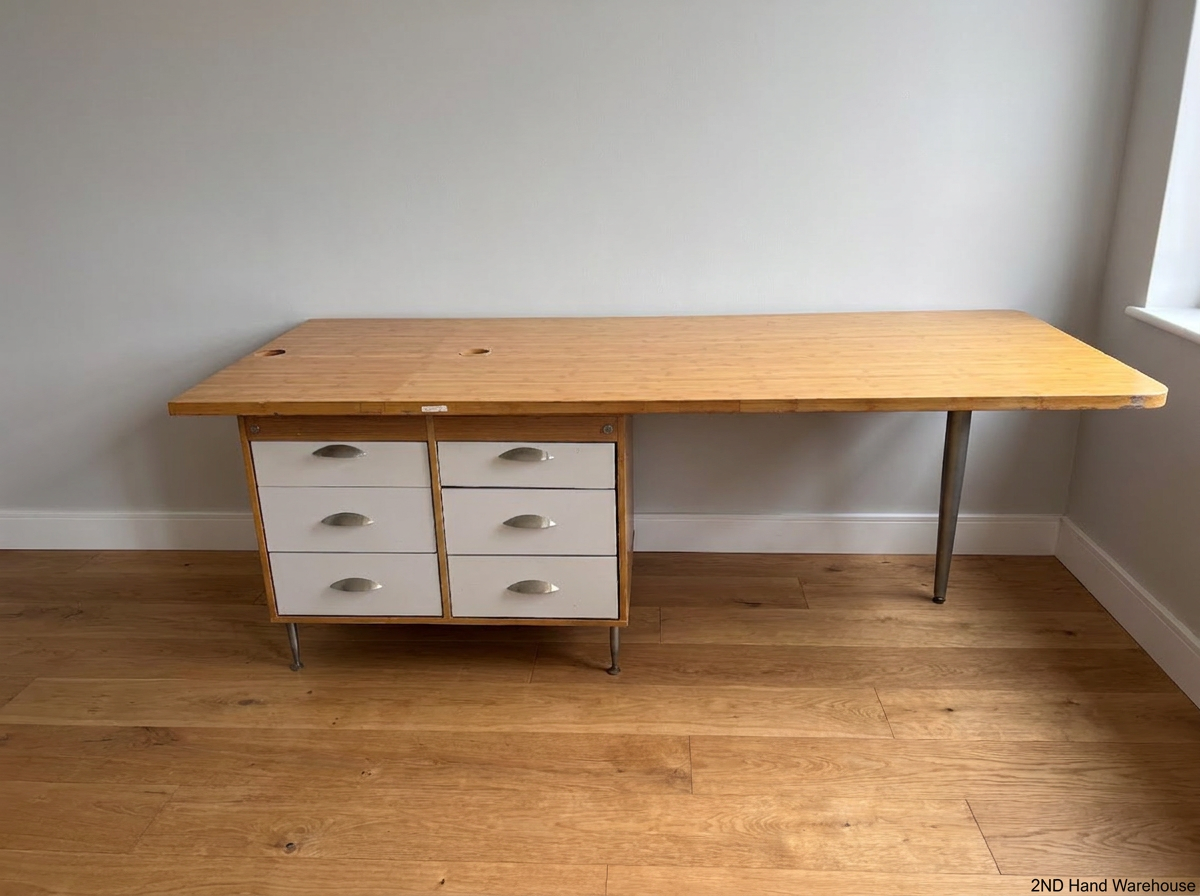 Modern Light Wood Office Desk with 6-Drawer Pedestal - 2ndhandwarehouse.com