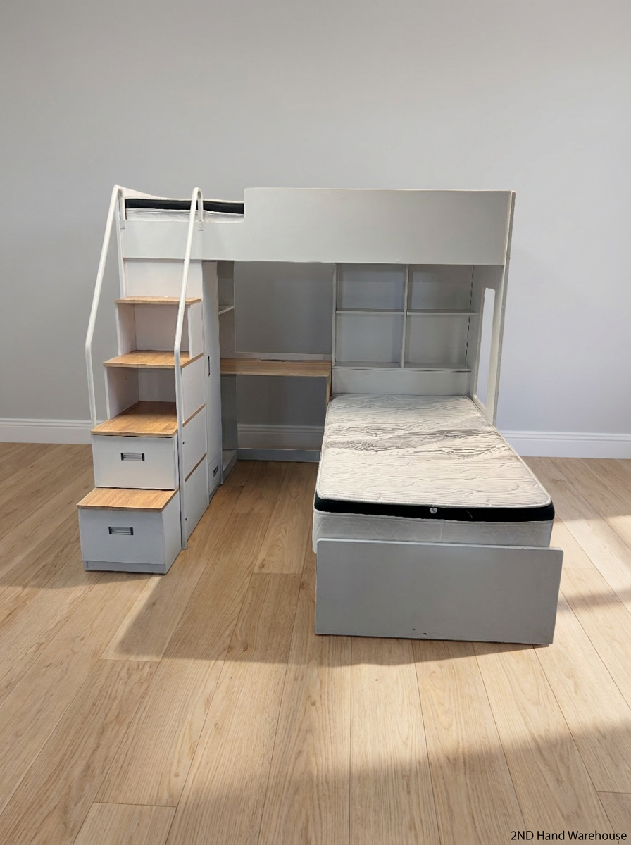 White L-Shaped Bunk Bed with Desk and Storage Cupboard — Good Condition