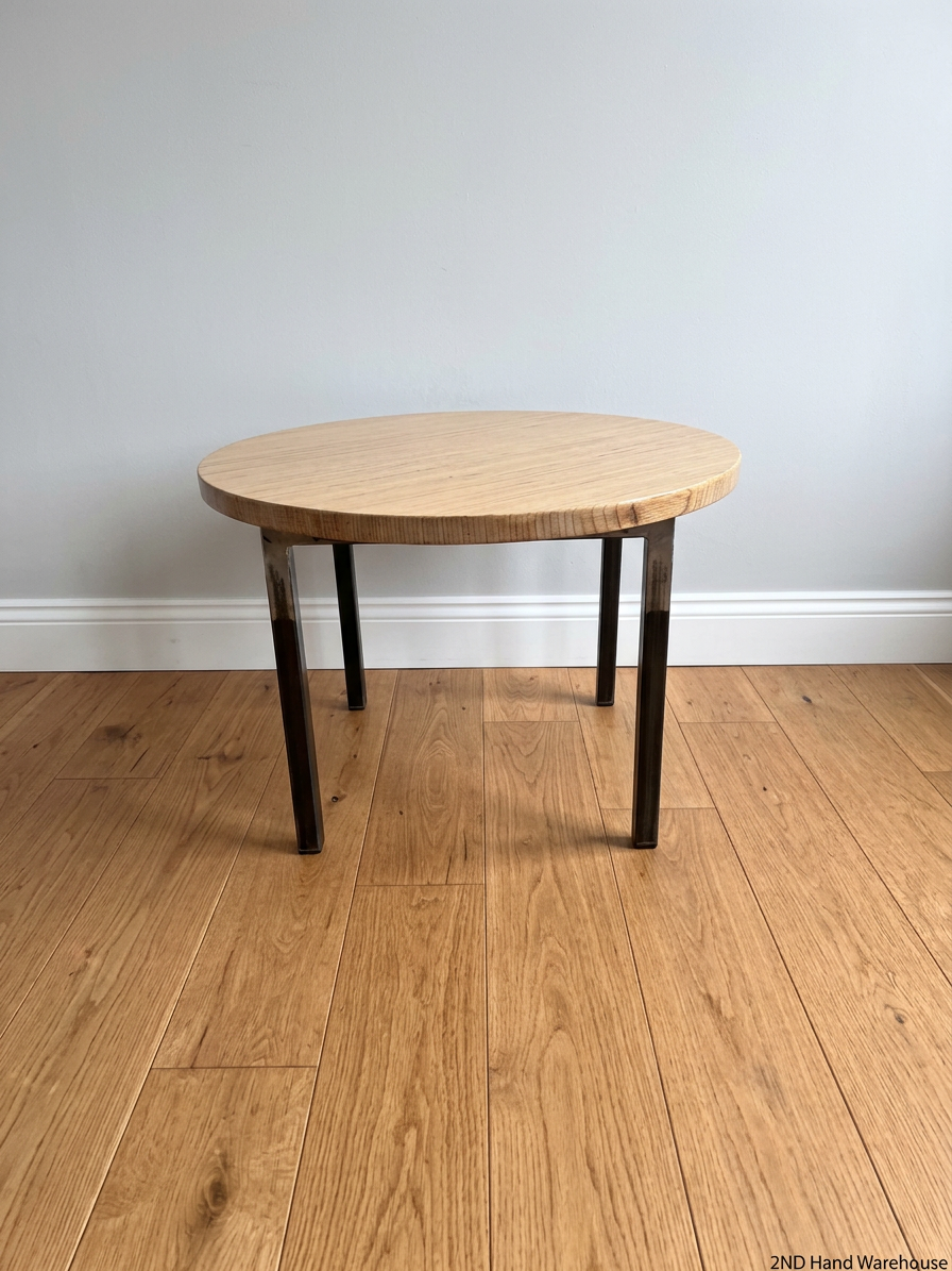 Round Light Wood and Metal Coffee Table — Clean Condition