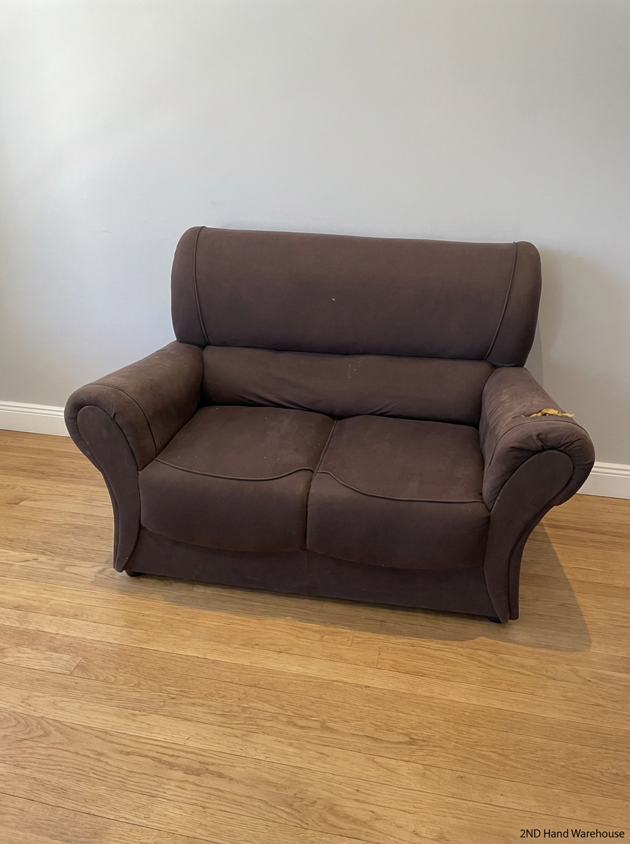 Chocolate Brown 2 Seater Couch - Tears on Arm and Base - 2ndhandwarehouse.com