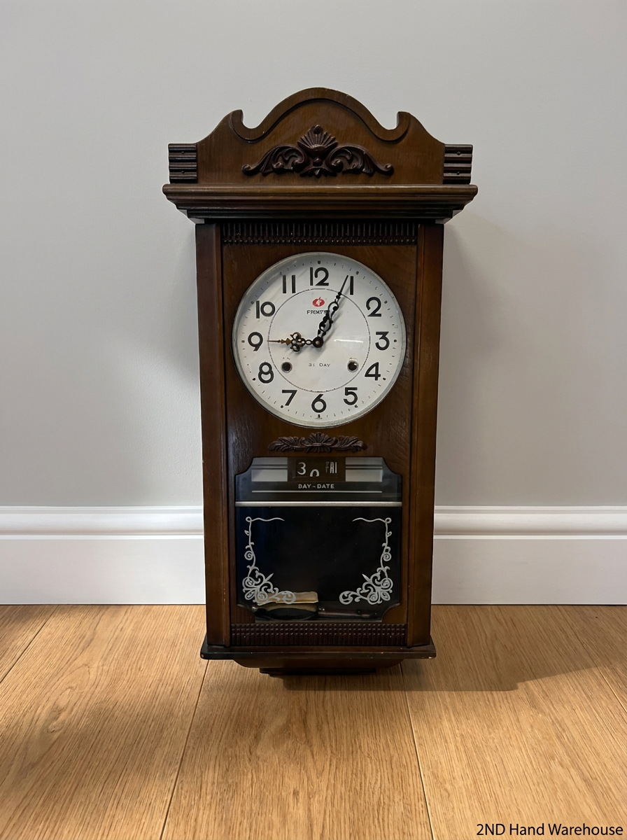 Frontier Brown Wooden Wall Clock with Day-Date Display — Good Working Order