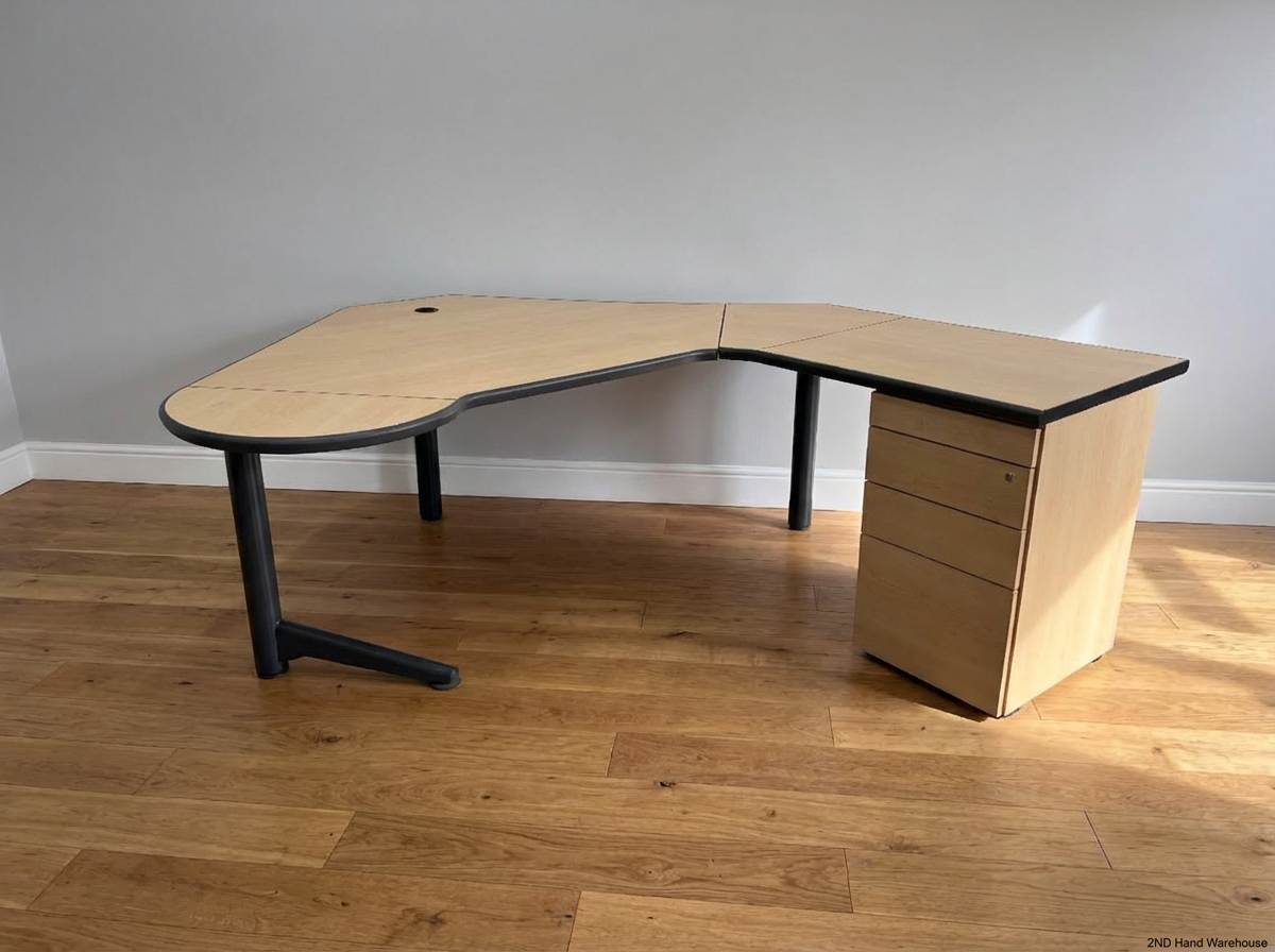 Light Brown L-Shaped Office Desk with 3-Drawer Storage - 2ndhandwarehouse.com